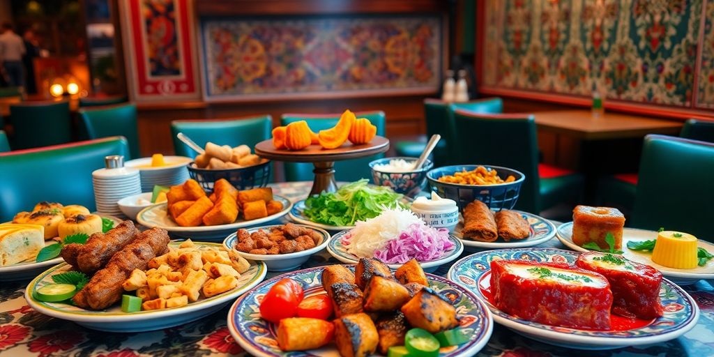 Delicious Turkish dishes in a vibrant restaurant setting.