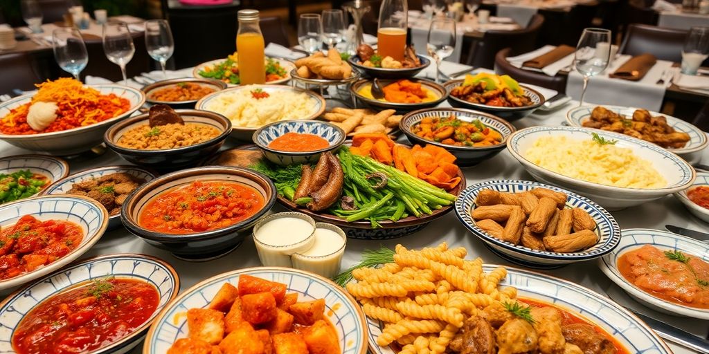 Colorful Turkish dishes with meze and main courses displayed.