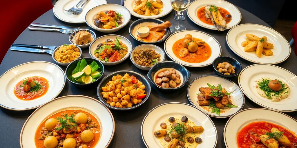 Plated gourmet dishes on a beautifully set dining table.