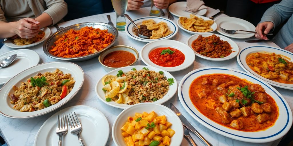 Traditional Turkish dishes and spices on a dining table.