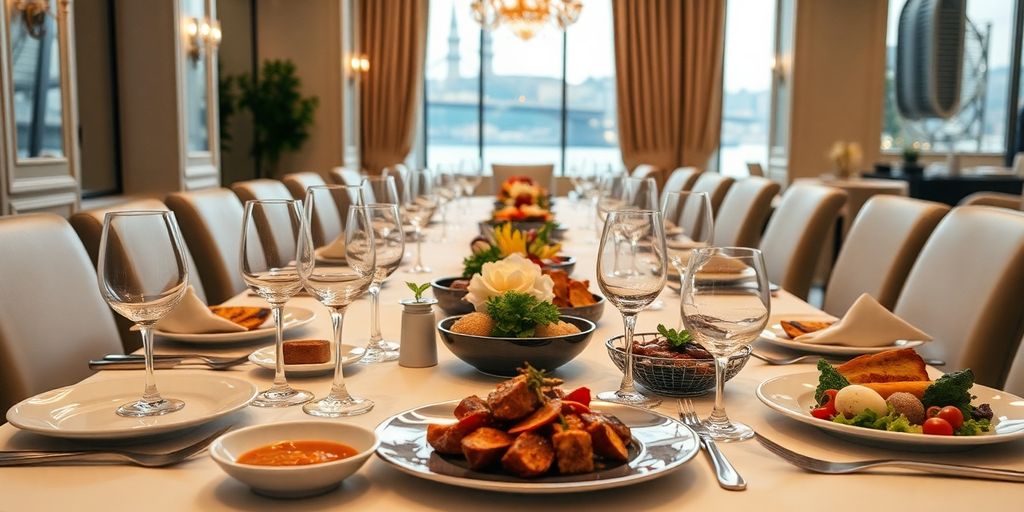 Luxurious dining setup in Istanbul restaurant with gourmet dishes.
