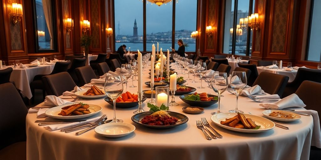 Elegant dining setup with gourmet dishes and candlelight.